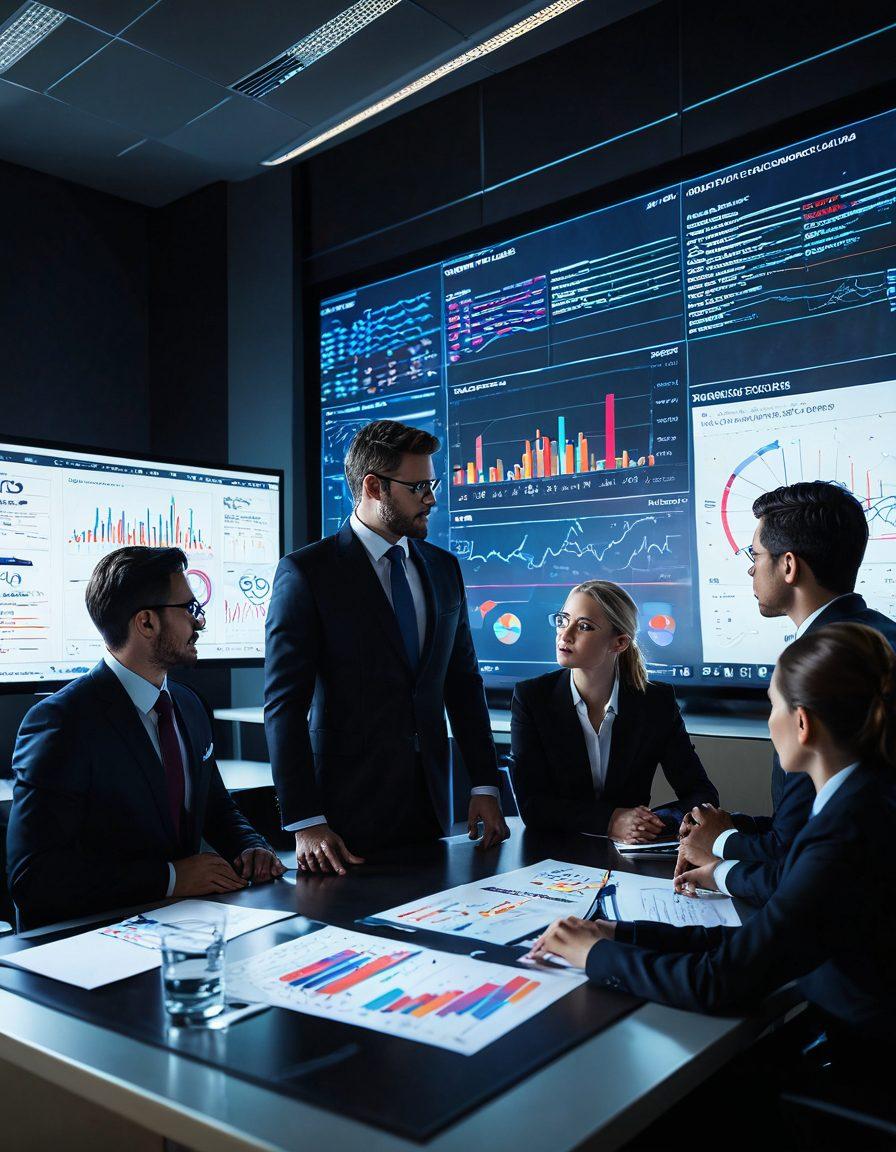 A dynamic boardroom scene with diverse professionals intensely analyzing charts and graphs on a big screen. An overlay of digital data streams and pie charts envelops the room, reflecting the essence of business intelligence. Crisp suits, ambient lighting, and focused expressions. whiteboard with mind-map. super-realistic. vibrant colors. modern office setting.