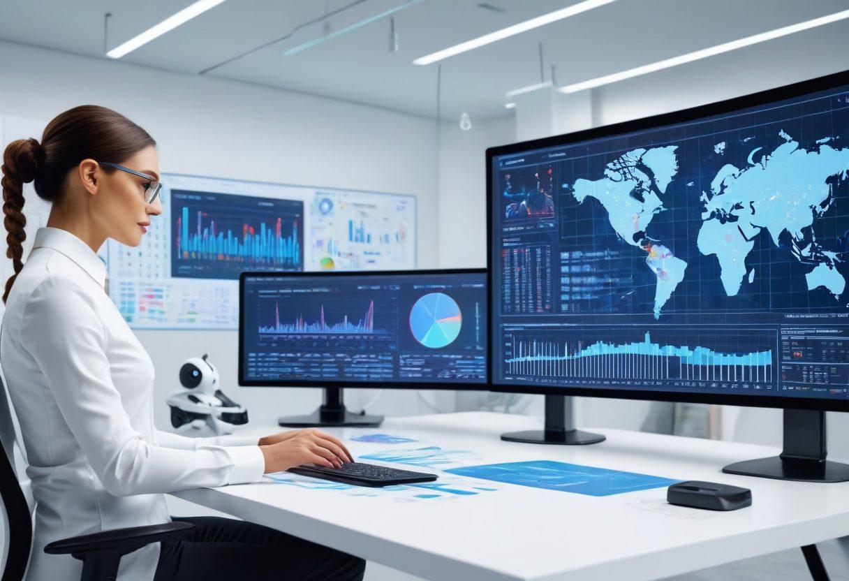 A futuristic office setting with holographic data models floating in the air, a diverse team of professionals analyzing these data projections, and robots assisting in the background. Central to the image, a computer screen showcases a sophisticated machine learning algorithm in action, surrounded by growth charts and graphs. The atmosphere should capture innovation and progress. super-realistic. vibrant colors. white background.