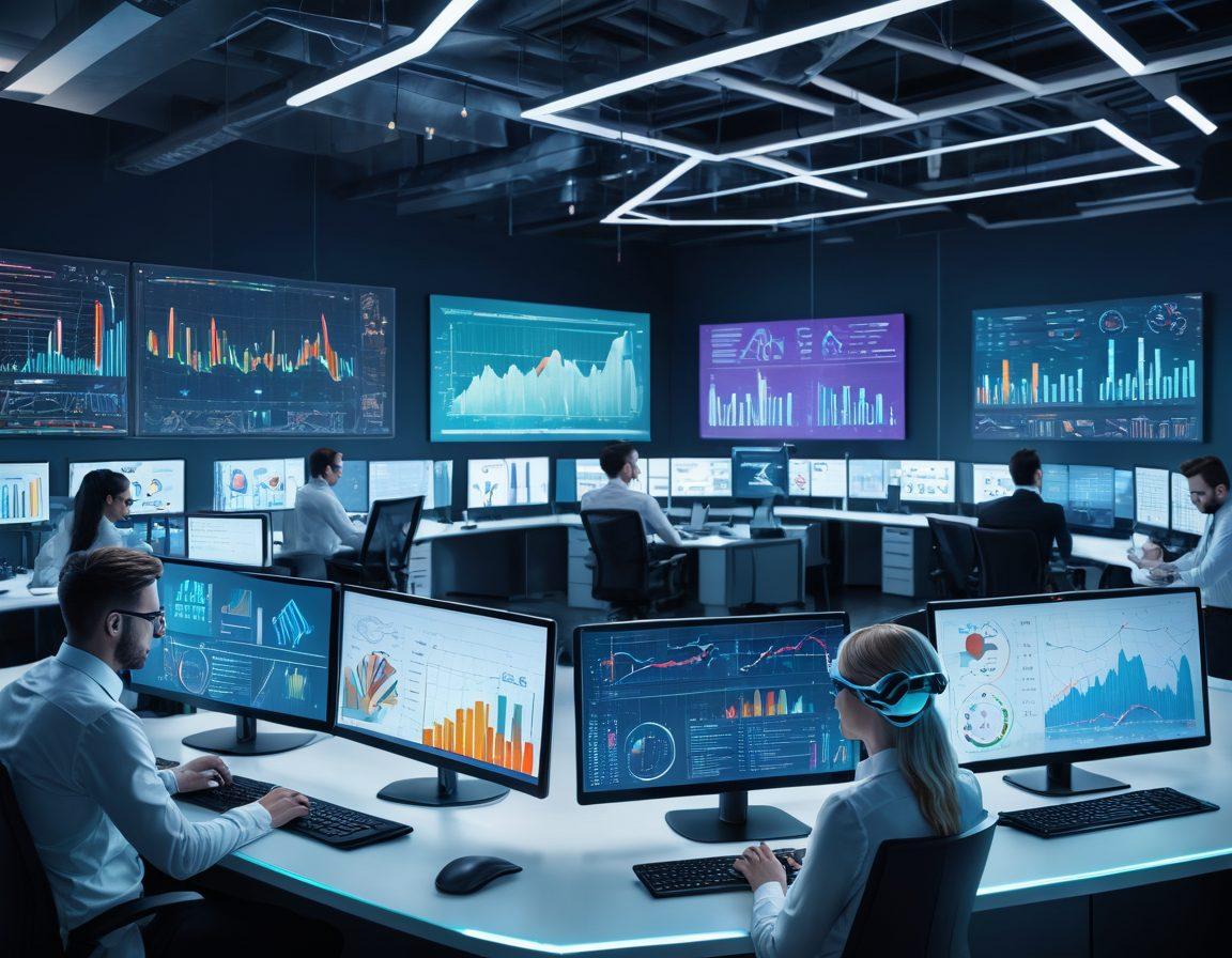 A bustling corporate office with diverse professionals analyzing intricate, vibrant charts and graphs on multiple screens, symbolizing advanced data analysis and predictive analytics. The atmosphere should be energetic, with a sense of innovation and strategic planning. futuristic elements, modern technology aesthetics. super-realistic. vibrant colors.